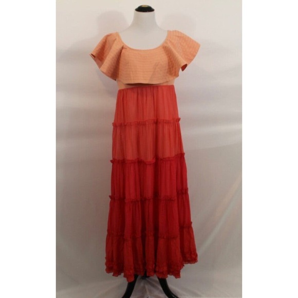 BEULAH Sz M Medium Orange Coral Ombre Ruffled Tiered Maxi Dress - Picture 6 of 8